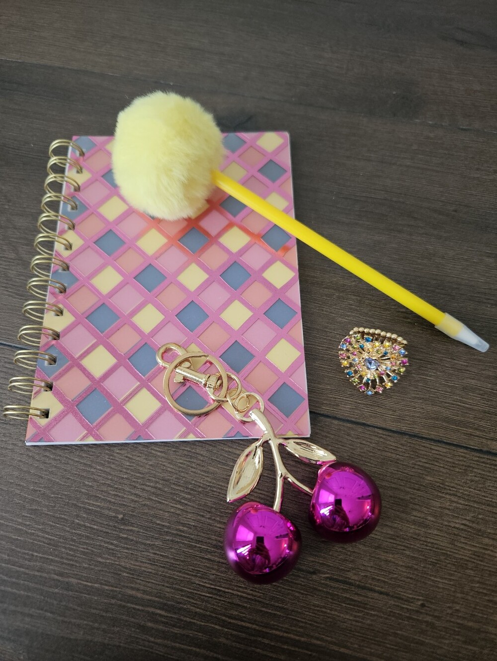 NEW Hot Pink Cherry Bag Charm Ring Pom Pom Pen Notebook Gift Bundle